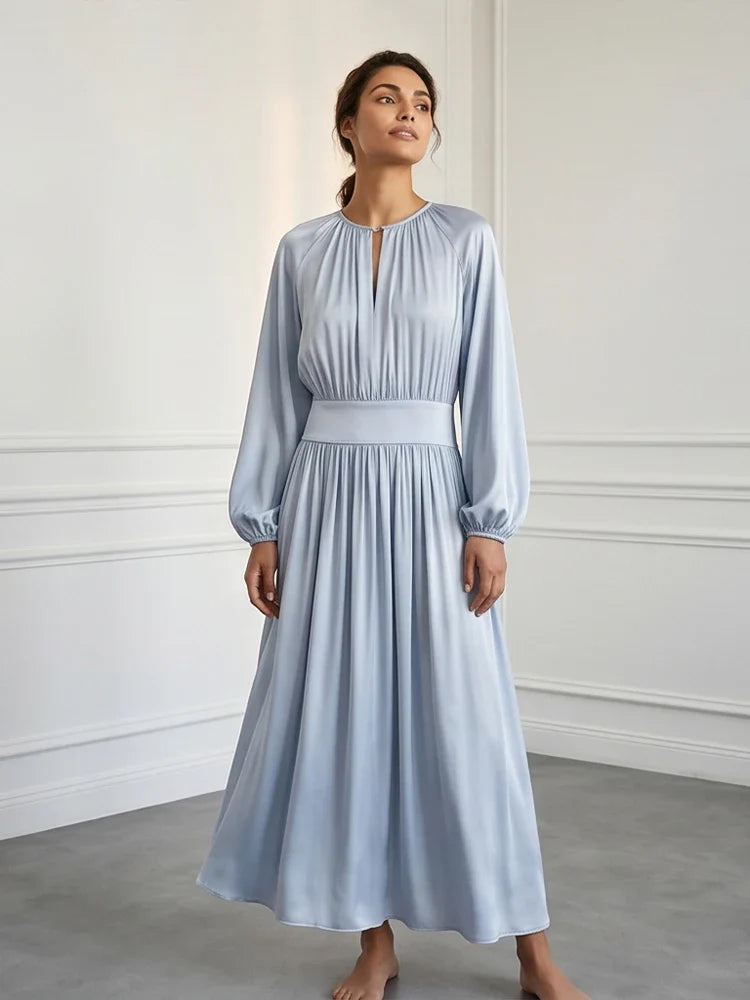 2026Light Blue Satin Midi Dress