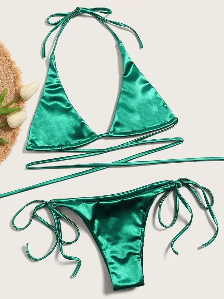 Wrap Around Halter Metallic Satin Bikini