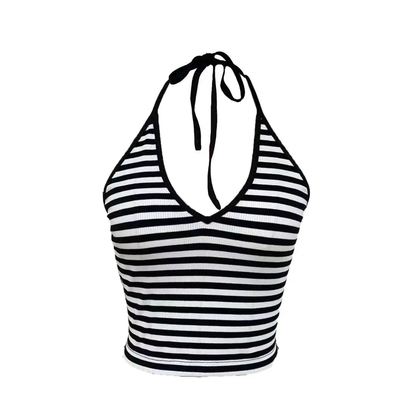 Sexy Casual Black White Stripe Halter Crop Top