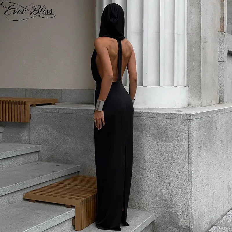Black Hooded Deep V Neck Form-Fitting Maxi Dress
