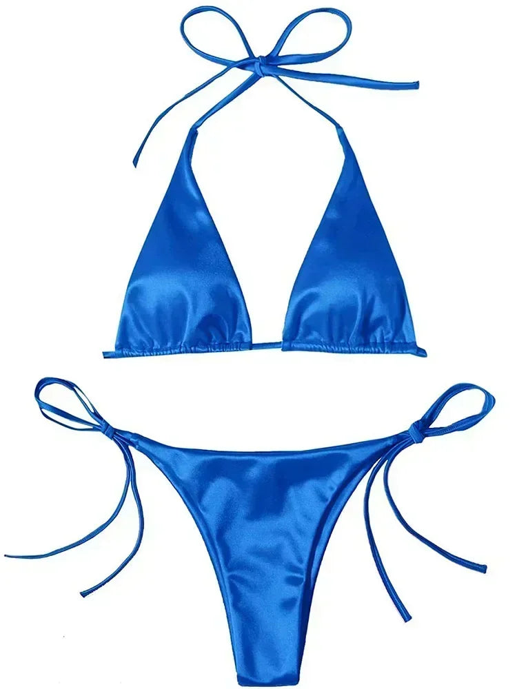 Wrap Around Halter Metallic Satin Bikini