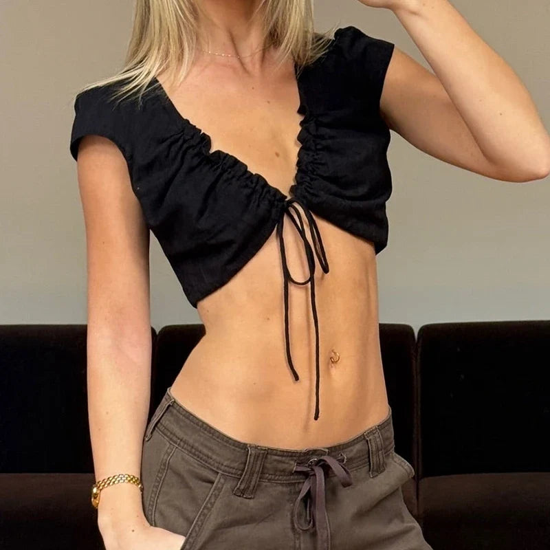 Vintage Ruched Drawstring Tie Front Crop Top