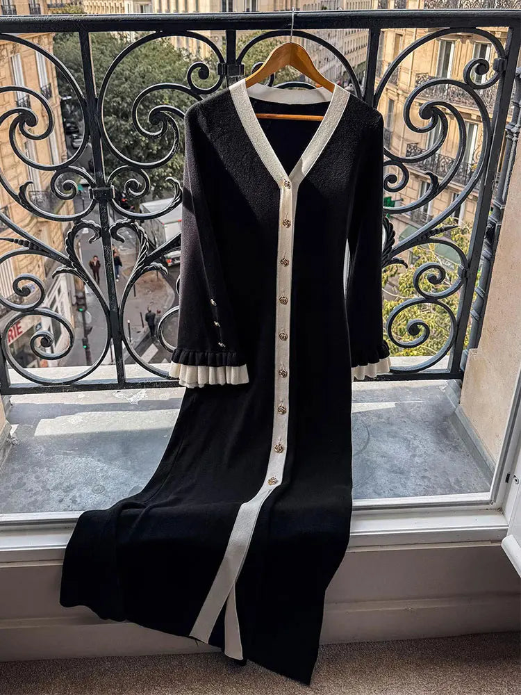Flare Sleeves Elegant Knitted Maxi Dress
