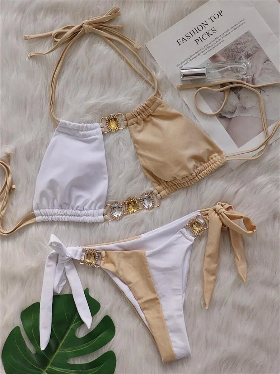Luxury Rhinestones Splicing Bikini Set