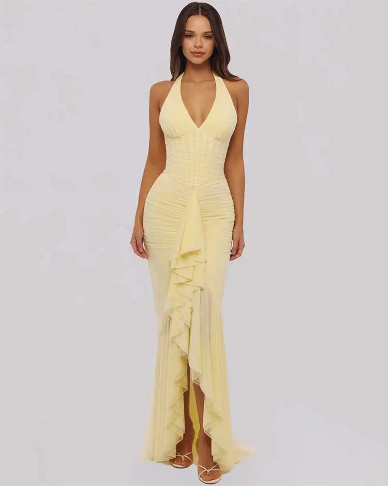 Mesh Deep V Neck Backless Sexy Maxi Dress