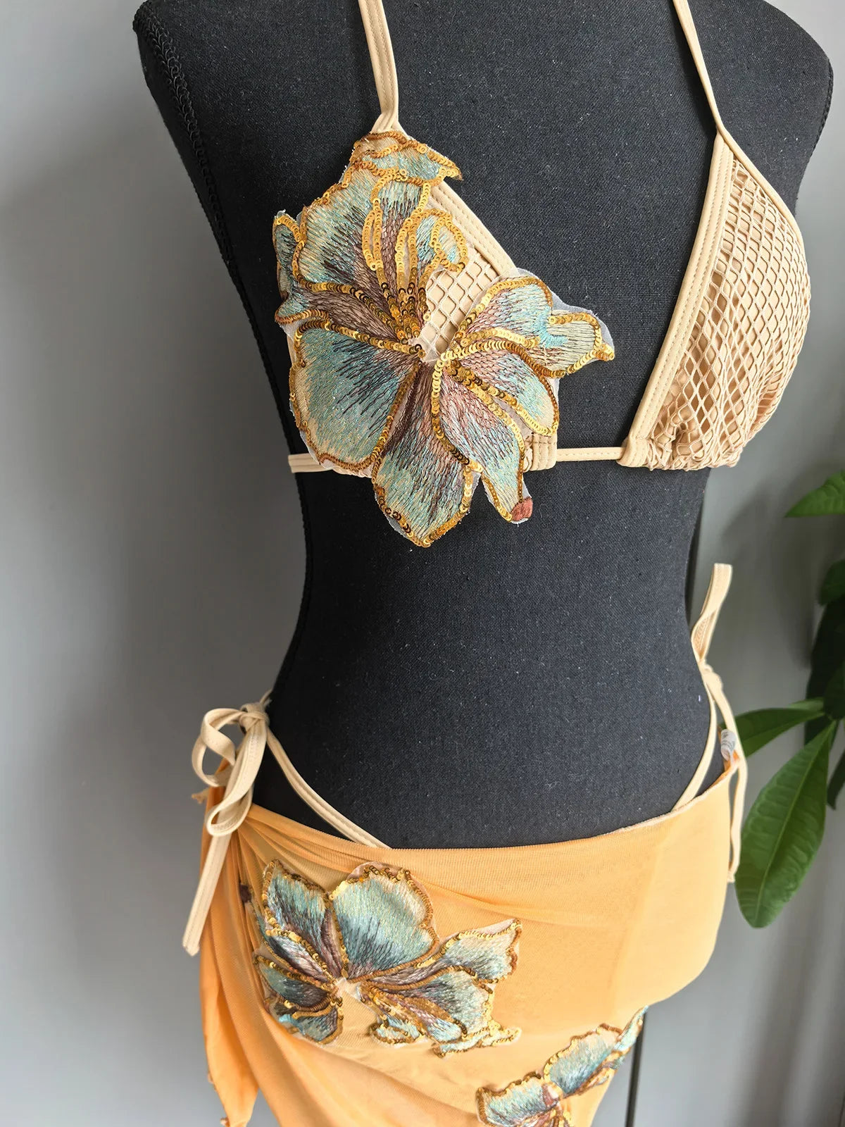Sexy Yellow Floral Print Mesh Skirt Bikini Set