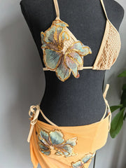 Sexy Yellow Floral Print Mesh Skirt Bikini Set