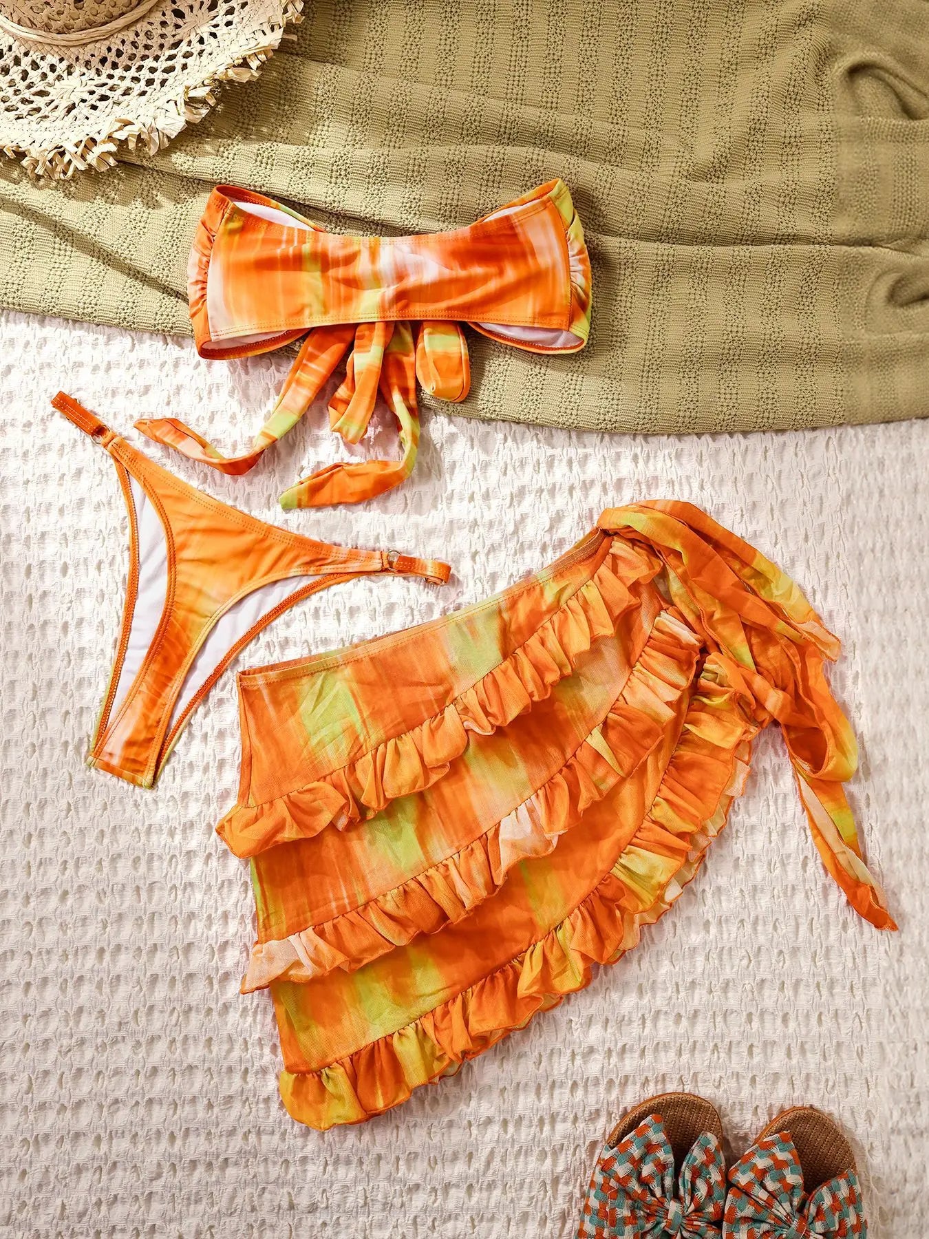 Sexy Orange Gradient Striped Bikini Set