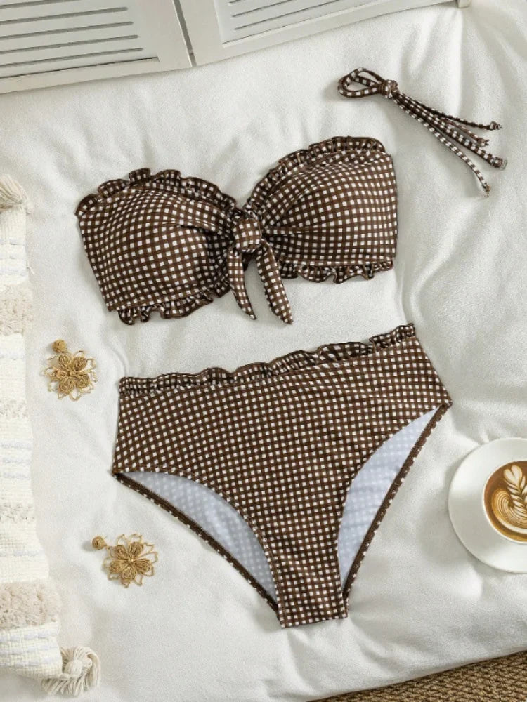 Vintage Coffee Plaid Print Bikini Set
