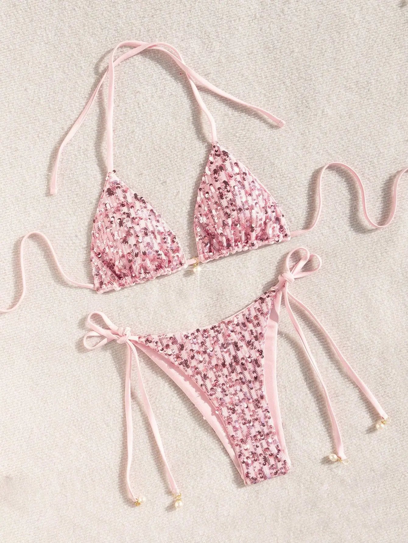Shiny Pink Sequin Micro Bikini Sets