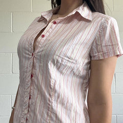 Striped Button Up Blouse Tees 90s Vintage Cottage Slim Fit T-shirt Laides Short Sleeve Crop Tops