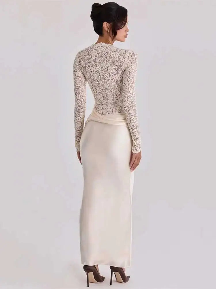 Off Shoulder Lace Satin Maxi Dress