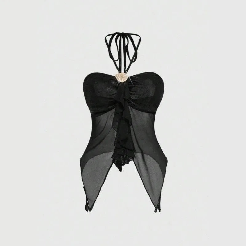 Casual Neck Vest Mesh Perspective Spice Girl High Street Tops