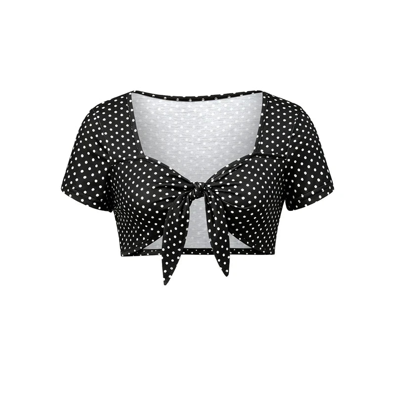 Polka Dot Front Tie Knot Crop Top