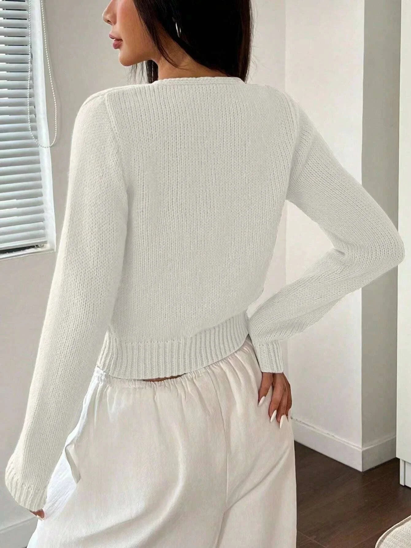 Front Strap Cropped Cardigan Rib-knit Long Sleeve