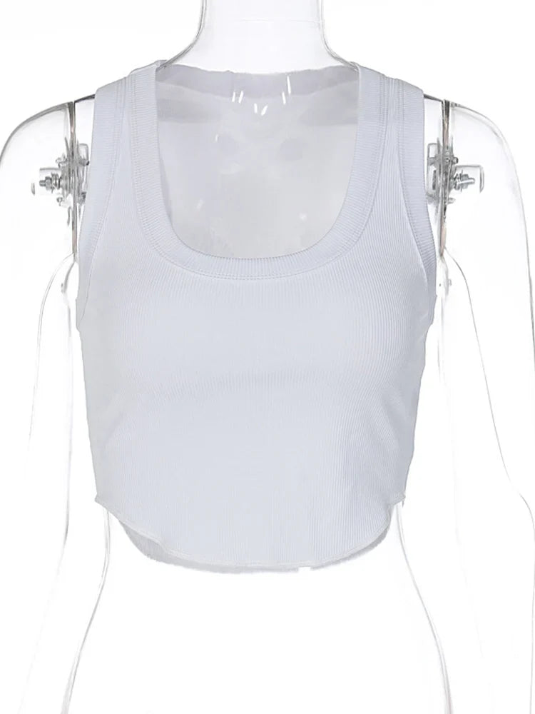 Ribbed Square Neck White Sexy Slim Y2K Crop Tank Top