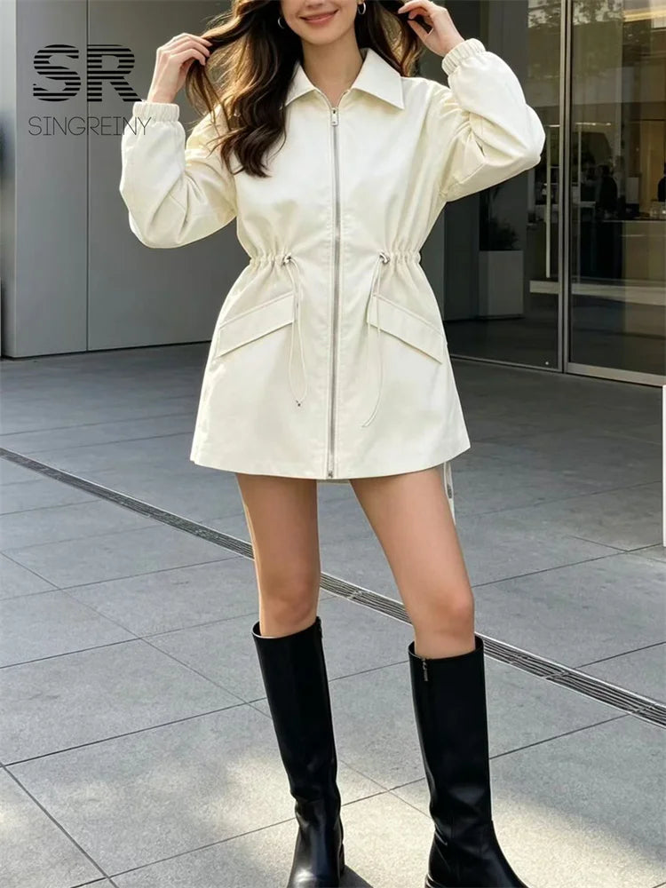 SINGREIN Autumn Streetwear Casual Coat Female Lapel Drawstring Zipper Full Sleeves Outfit American Retro Slim Workwear Outerwear