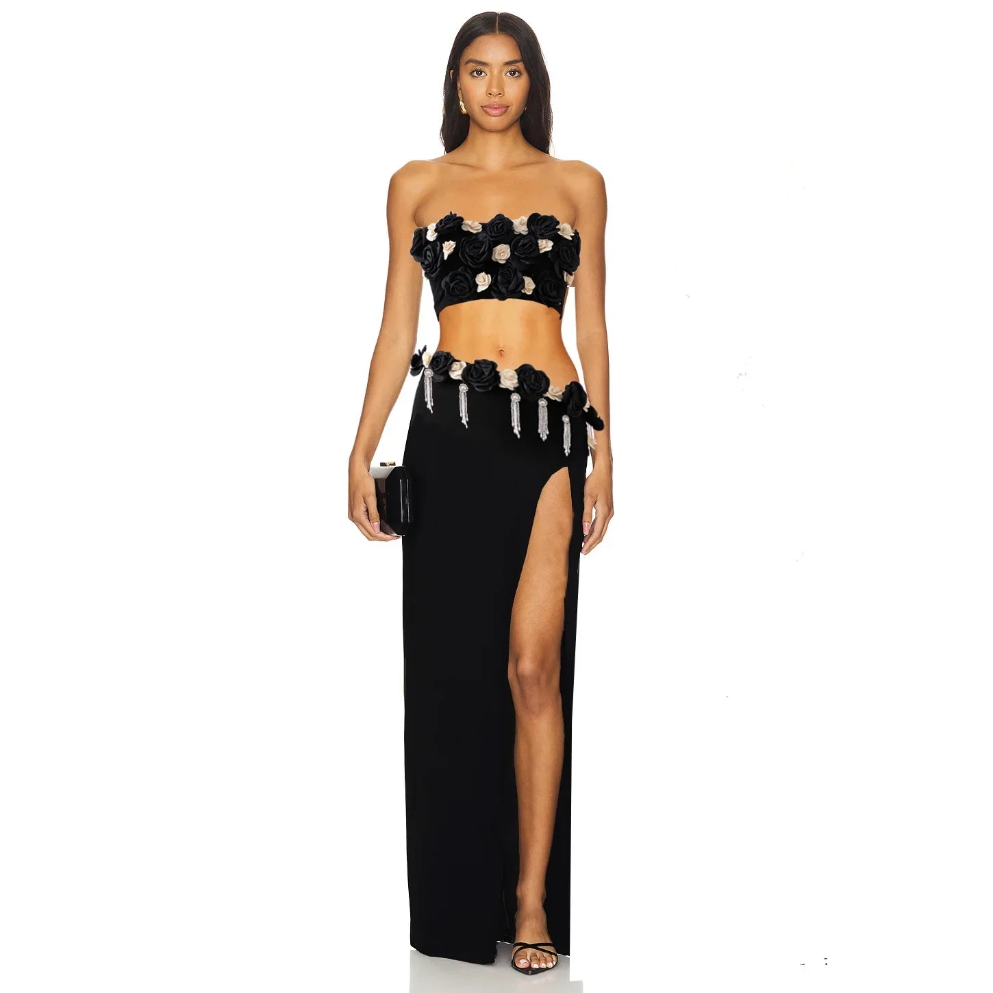 Strapless Florals 2 Piece Skirt Set Strapless Crop Top With High Waist Irregularity Skirts Sets Suits
