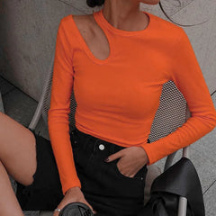 Sexy Hollow Out T Shirt Casual Round Neck Long Sleeve Skinny Cropped Tops
