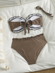 Vintage Coffee Plaid Print Bikini Set