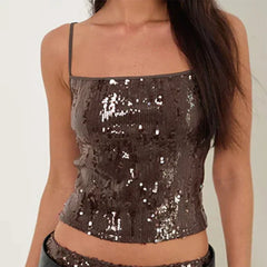 Y2k Sequin Glitter Camisole Sparkly Spaghetti Strap Slim Fit Crop Tops