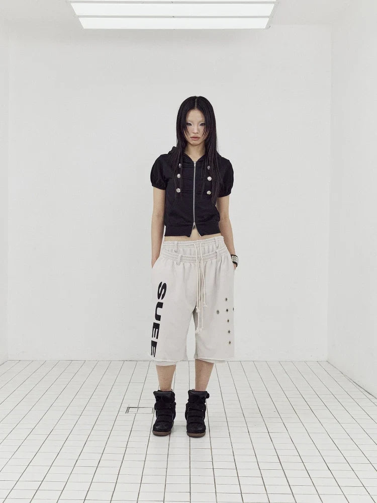 Cropped Hooded Short Sleeve Zip Up Top