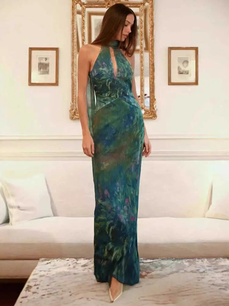 Sexy Print Halter Long Dress