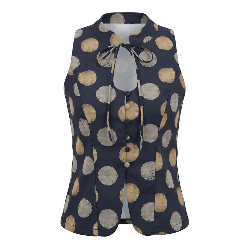 Polka Dot/Plaid Mandarin Collar Sleeveless Crop Top