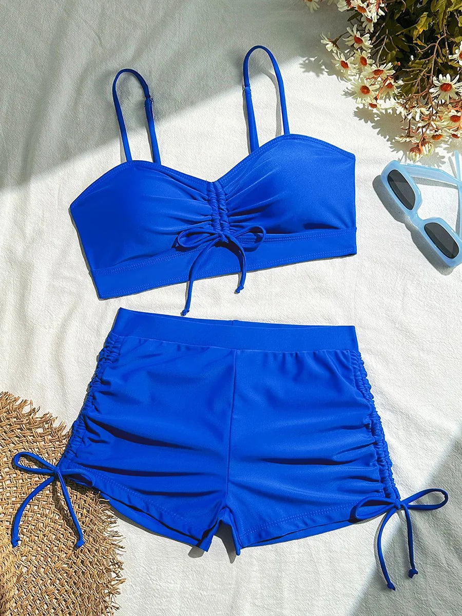 Wrinkled Knotted Shorts High Waist Bikini