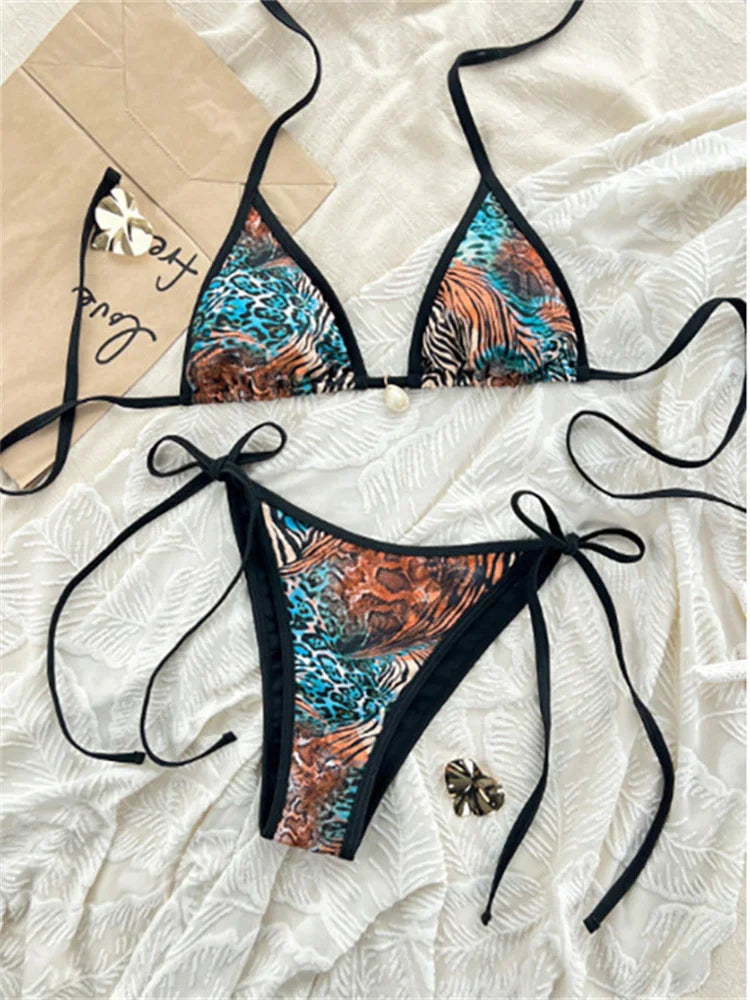 Sexy Green Tiger Print Patchwork Micro Bikini