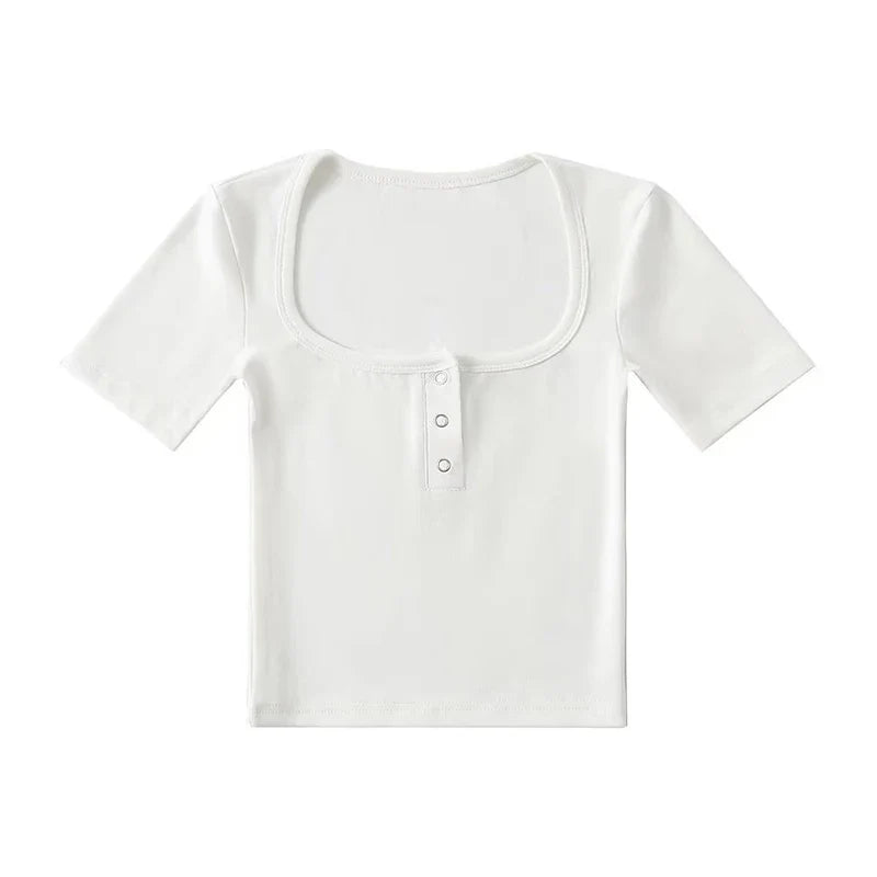 Button Front Short Sleeved Crop T-shirt