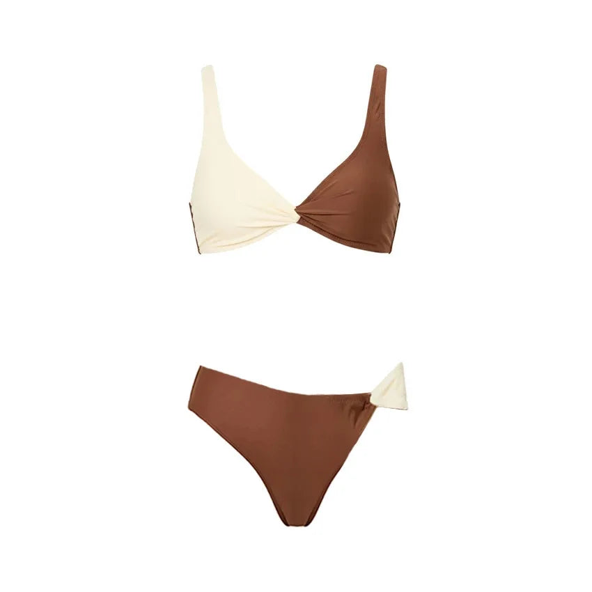 Sexy Coffee Patchwork Long Skirt 3 Piece Swimsuit