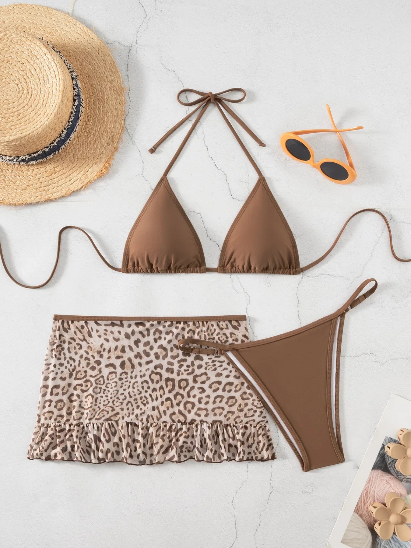 Sexy Brown Leopard Print Skirt 3 Piece Bikini Set