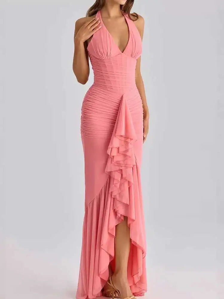 Mesh Deep V Neck Backless Sexy Maxi Dress