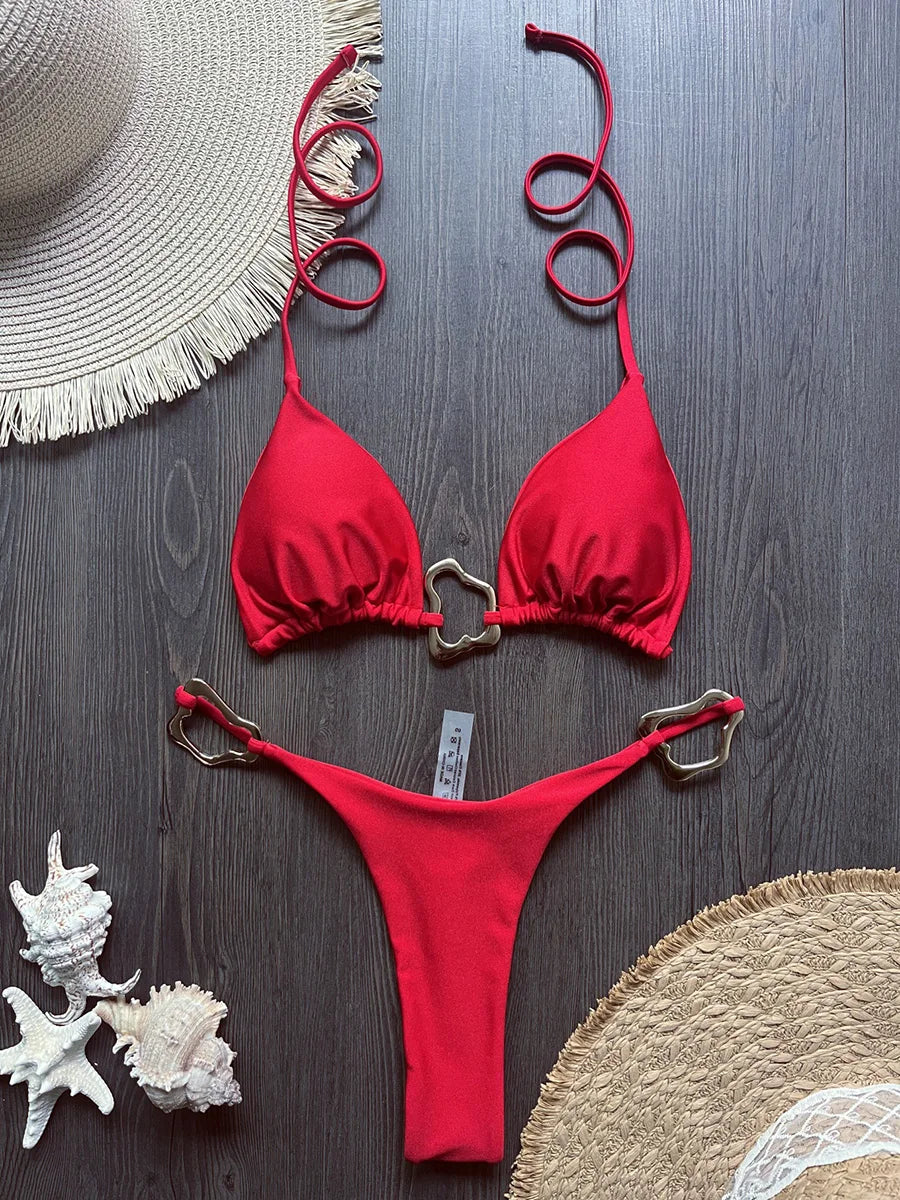 Sparkling Metal Ring Halter Extreme Mini Thong Bikini