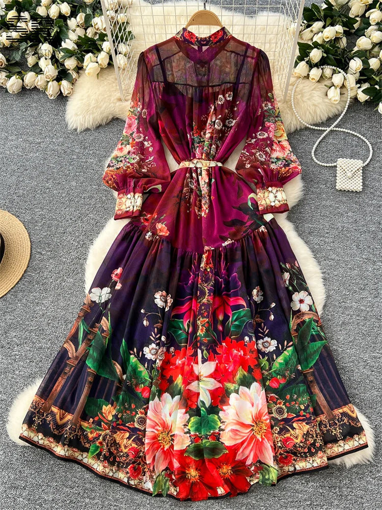Vintage Print Chiffon Dress