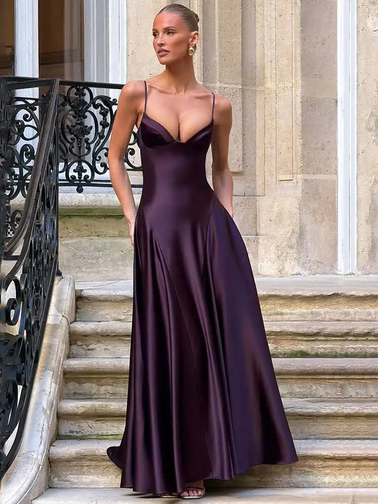 Satin Back Lace-up A-line Maxi Dress
