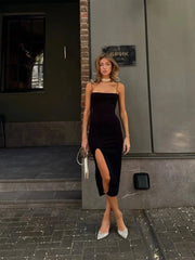 Spaghetti Strap Straight Neck Bodycon Midi Dress