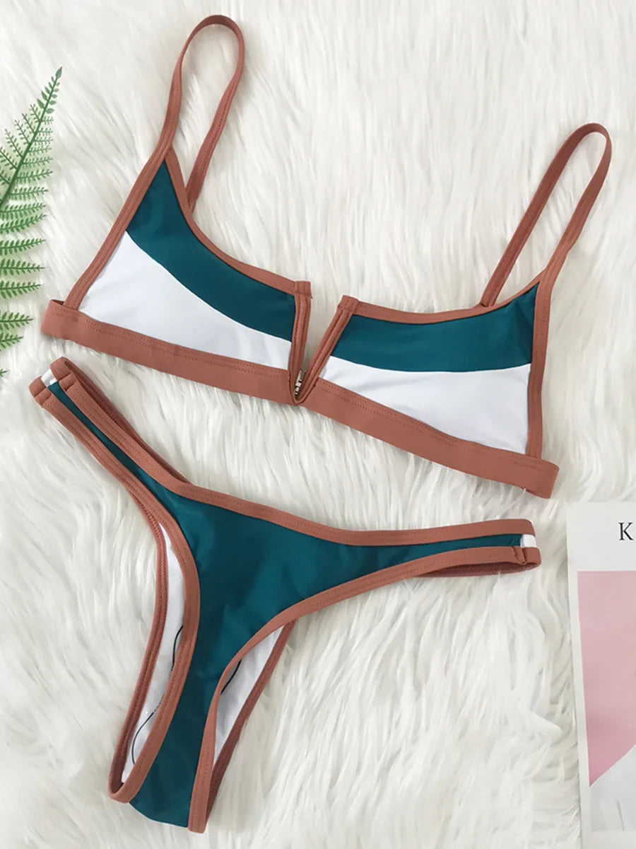Splicing Denim V Shaped Thong Bikini