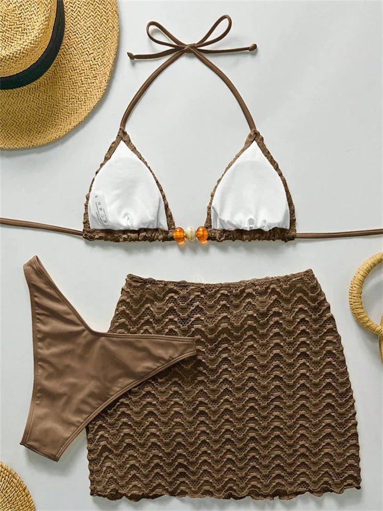 Sexy Coffee Pleate Skirt 3 Piece Swimsuit