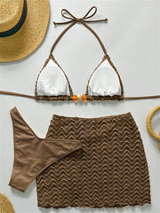 Sexy Coffee Pleate Skirt 3 Piece Swimsuit