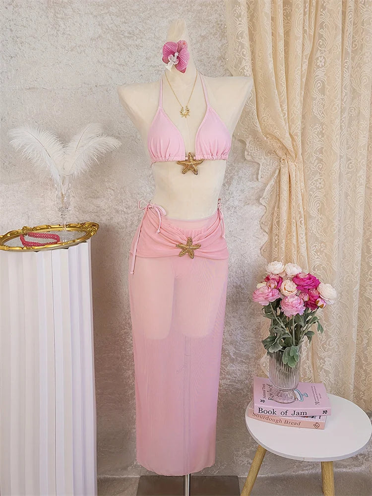 Sexy Pink Swimwear Women Pink Metal Starfish Push Up High Waist Bikini Set