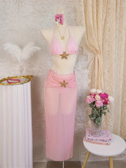 Sexy Pink Swimwear Women Pink Metal Starfish Push Up High Waist Bikini Set