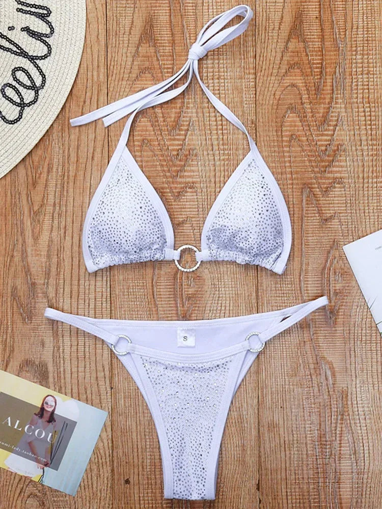 Halter Shiny Rhinestone Diamond Mini Micro Bikini