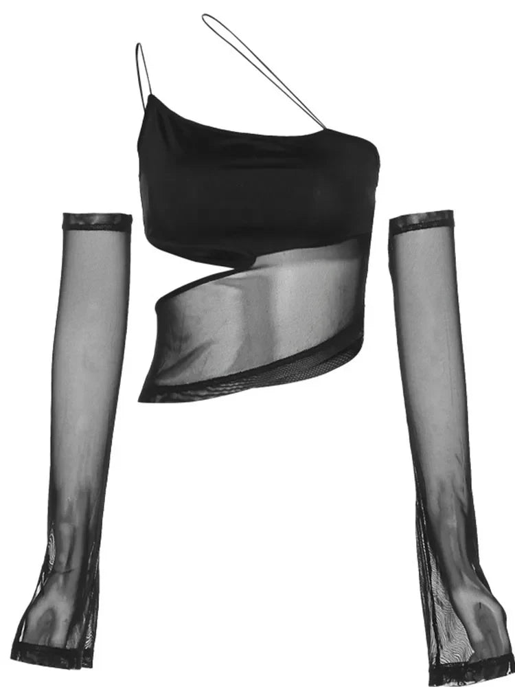 Asymmetrical Cut Out Mesh Crop Top