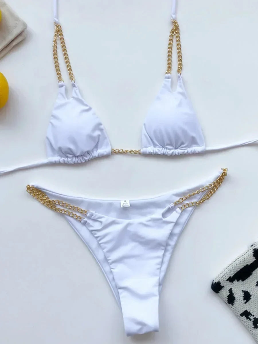 Sexy Halter Metal Chains Brazilian Bikini