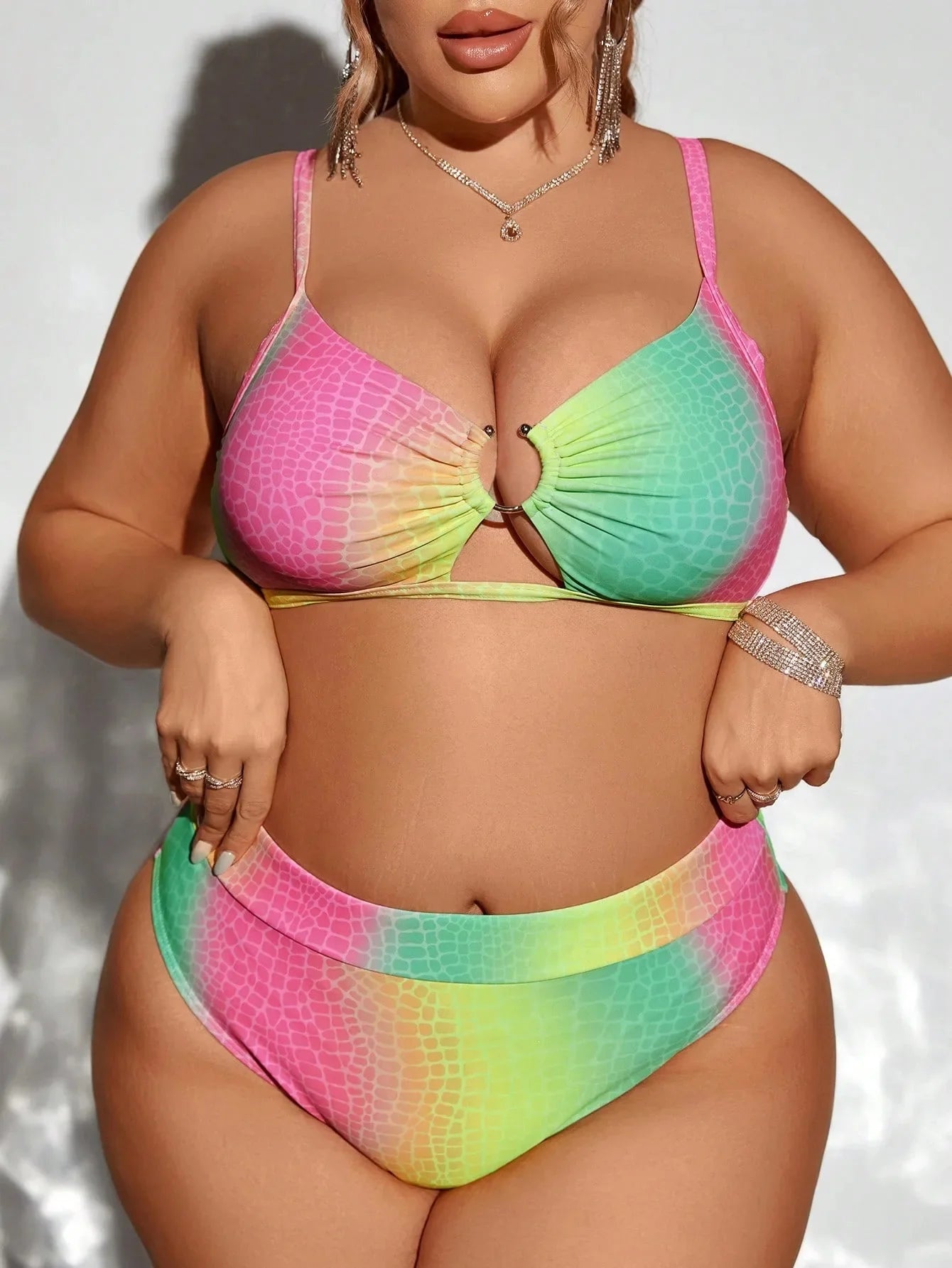 Sexy Pink Gradient Snake Print Bikini Set