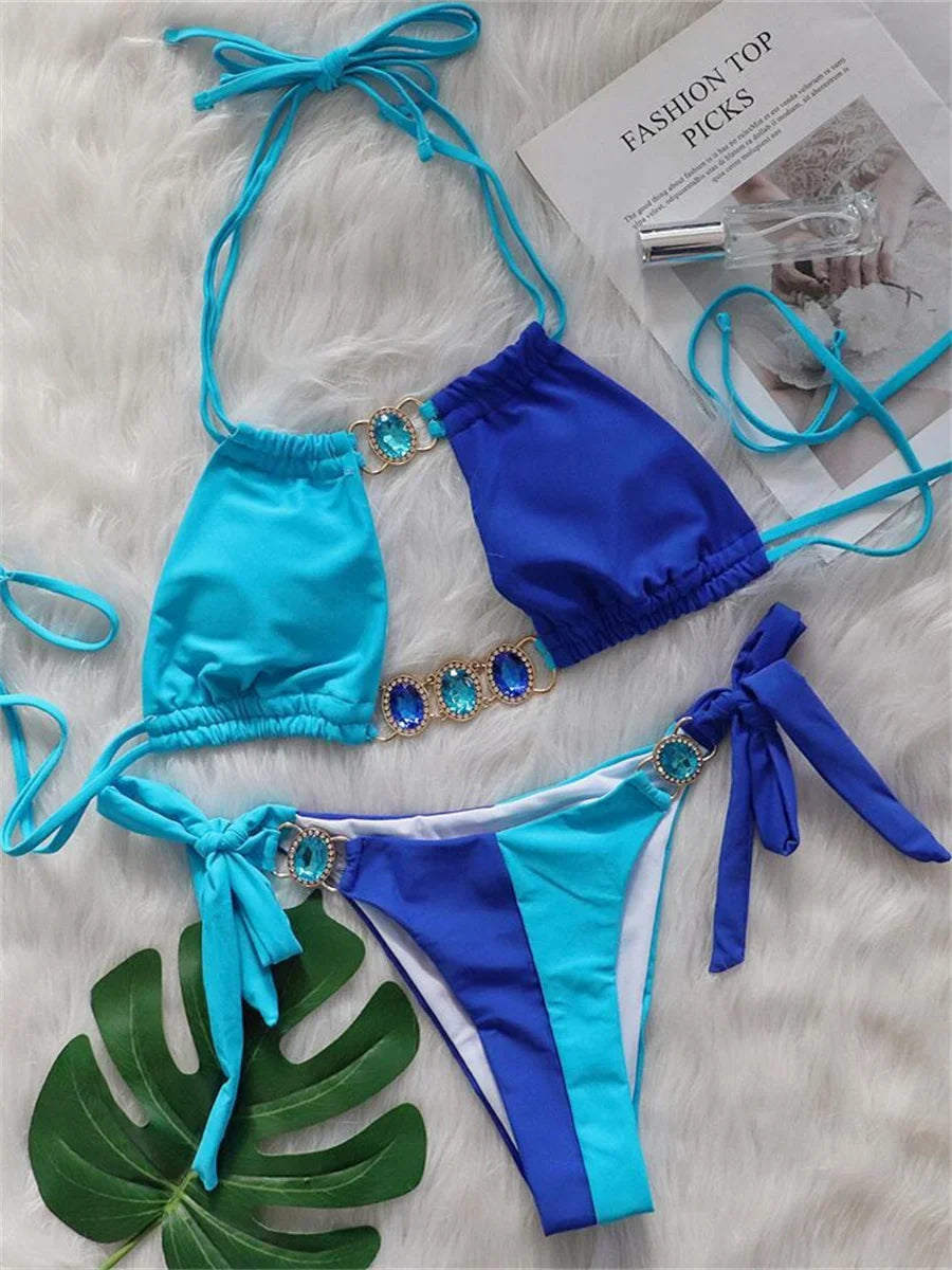 Luxury Rhinestones Splicing Bikini Set