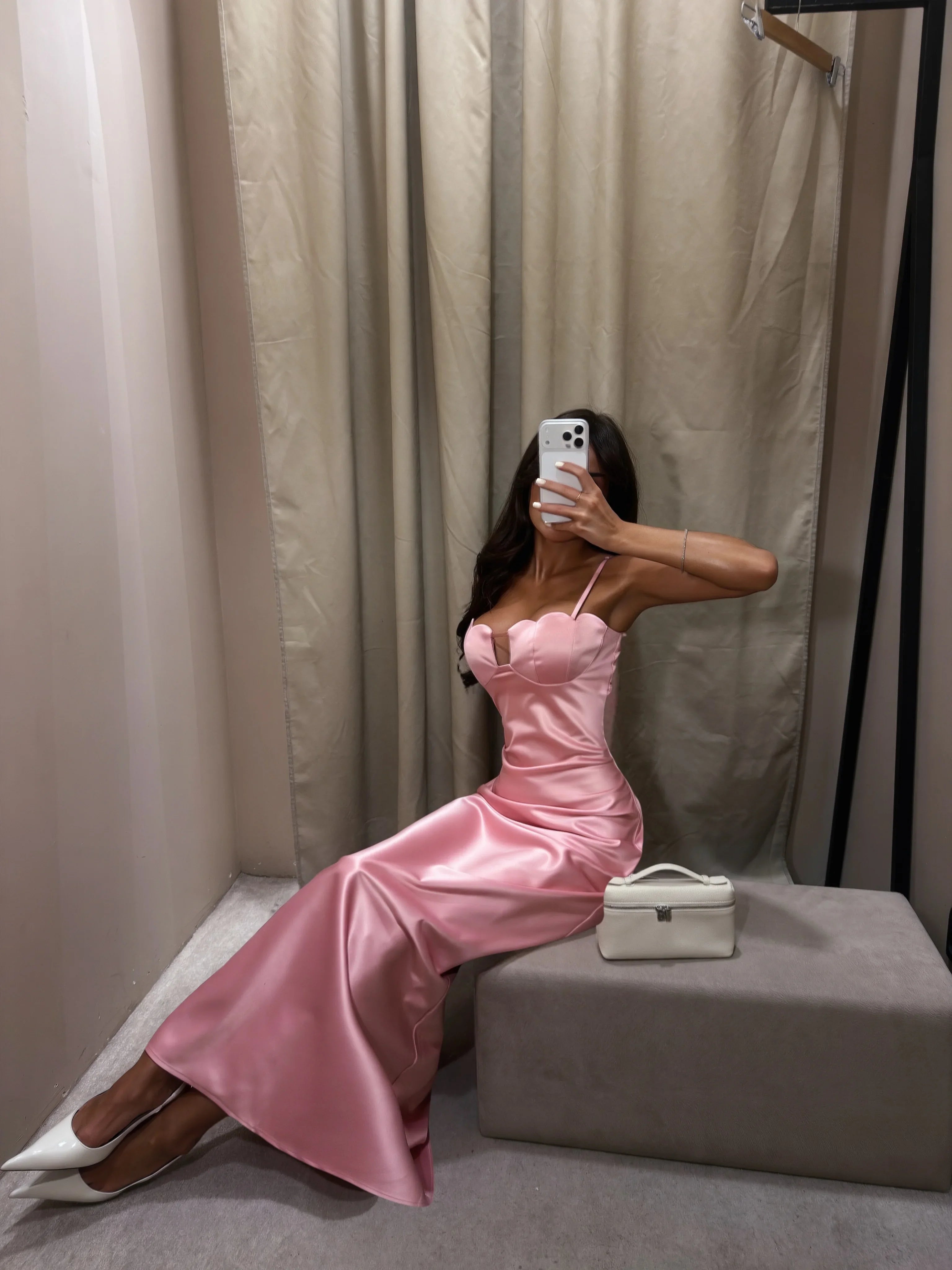 Pink Satin Spaghetti Strap Midi Dress