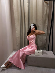 Pink Satin Spaghetti Strap Midi Dress